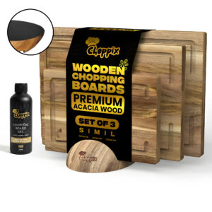 Wooden Chopping Boards – Acacia Wood Cutting Boards with Elegant Round Stand (Non-Slip Base) & Chopping Board Oil – Pack of 3 (33×22, 28×20, 22x15cm) for Meat, Cheese, Bread & Veg