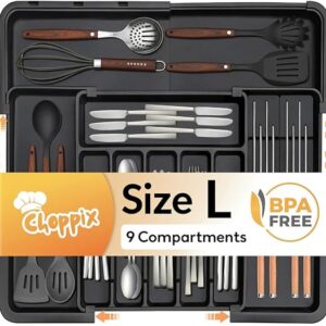 Cutlery Drawer Organiser Expandable 9 Compartment Adjustable Utensil Tray for Kitchen Drawer Storage, Silverware, Forks, Knives & Spoons Holder, Plastic Large Size 36.83 x 33.02 cm, Black