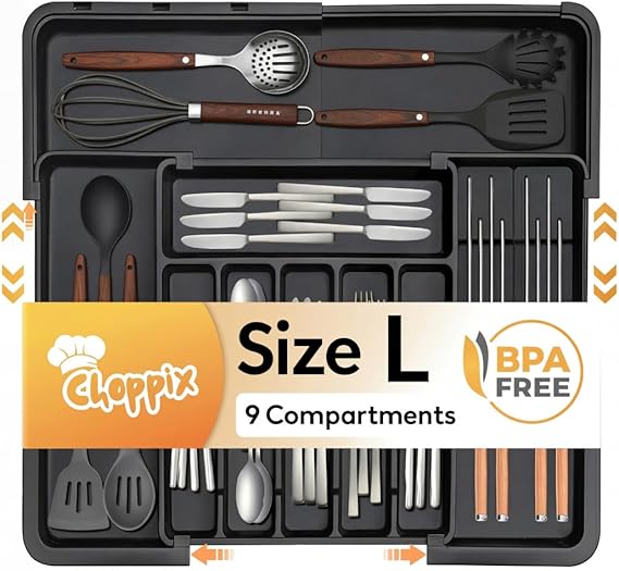 Cutlery Drawer Organiser Expandable 9 Compartment Adjustable Utensil Tray for Kitchen Drawer Storage, Silverware, Forks, Knives & Spoons Holder, Plastic Large Size 36.83 x 33.02 cm, Black