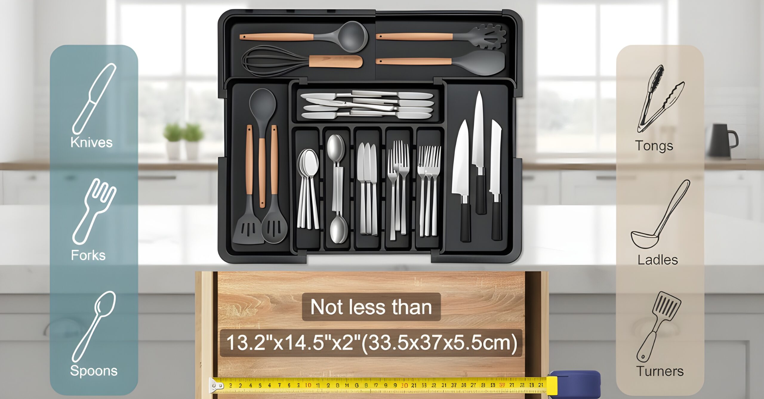 Cutlery Drawer Organiser Expandable 9 Compartment Adjustable Utensil Tray for Kitchen Drawer Storage, Silverware, Forks, Knives & Spoons Holder, Plastic Large Size 36.83 x 33.02 cm, Black - Image 2